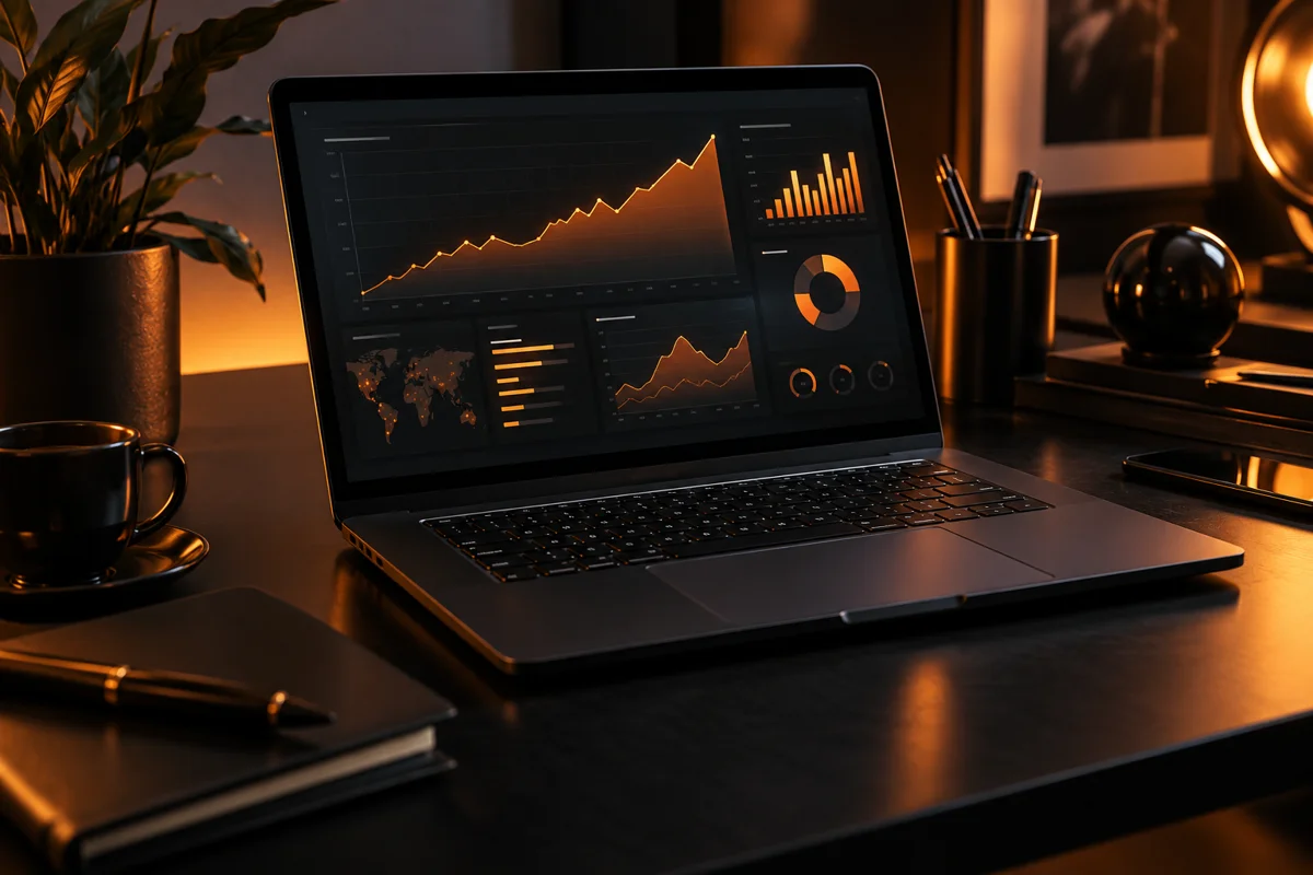 Marketing analytics on a laptop in an orange-lit studio